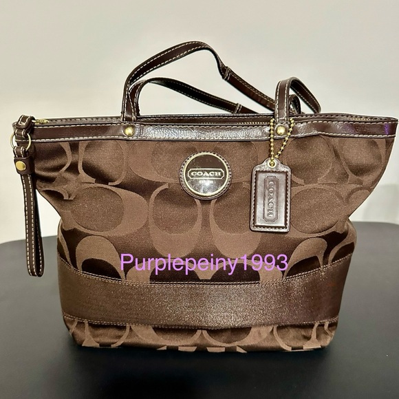 COACH Signature Zip Top with Solid Brown Stripe Medium Tote Bag - Picture 4 of 11